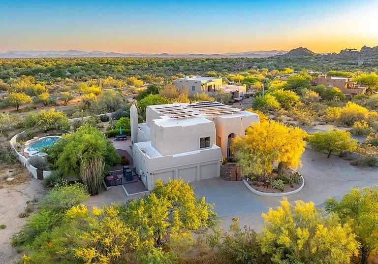 Aerial view of Changes Healing Center rehab facility in Scottsdale, Arizona surrounded by desert landscape and greenery at sunset