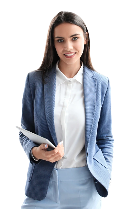 Woman in a blue blazer holding a tablet, symbolizing the Partial Hospitalization Program in Arizona at Changes Healing Center—daytime treatment, home at night.